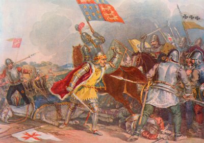 Shakespeare: Ricardo III en Bosworth, Rey Ricardo III, Acto V, Escena 4 (litografia en color) de English School