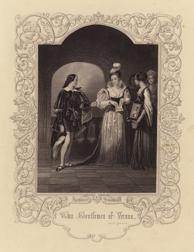 Shakespeare: Dos caballeros de Verona, Acto IV, Escena 4 (grabado) de English School