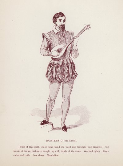 Hortensio, segundo vestido en La fierecilla domada de Shakespeare (litografía) de English School