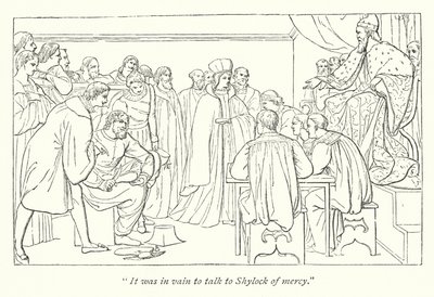El mercader de Venecia de Shakespeare; Corte de juicio, el Dogo invitando a Portia a su asiento de English School