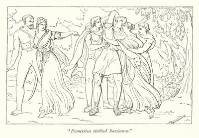 Tito Andrónico de Shakespeare; Demetrio, instigado por Tamora, asesina a Basiano de English School