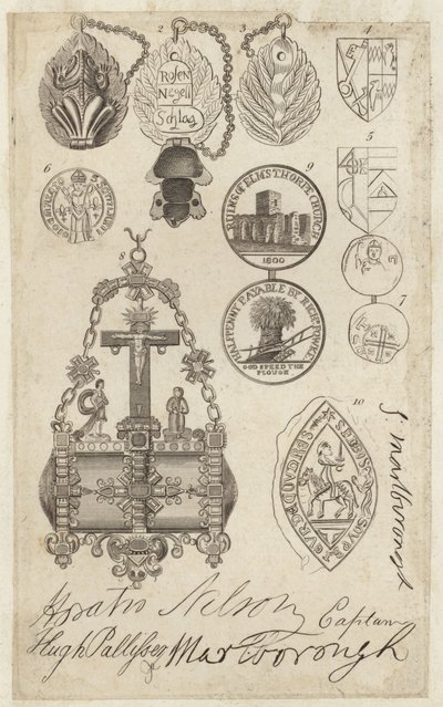 Hoja que representa monedas, sellos y fichas, con facsímiles de firmas de English School
