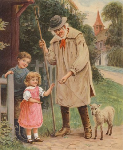 Pastor dando las riendas de un cordero a una niña (cromolito) de English School
