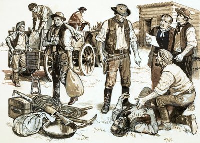 El sheriff Henry Plummer fue responsable de robos y violencia al por mayor (gouache sobre papel) de English School