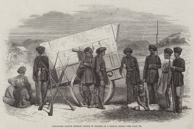 Policía nativa de Sholapore (India) a cargo de un rebelde hindú (grabado) de English School