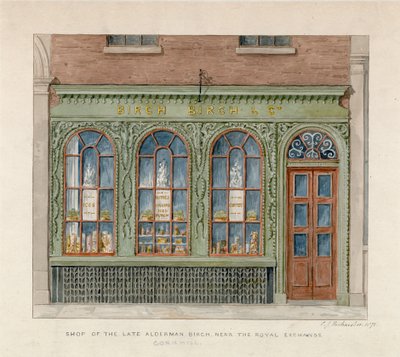 Tienda del difunto Concejal Birch cerca del Royal Exchange, 1871 de English School