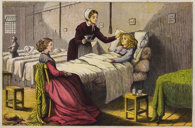 Niña enferma atendida en el hospital (grabado en color) de English School