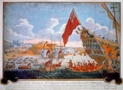Asedio de la fortaleza francesa de Louisbourg en 1745 por buques británicos y colonos de Nueva Inglaterra de English School