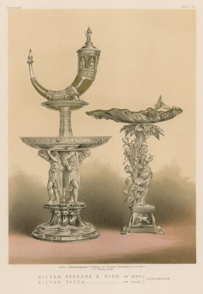 Epergne de plata y cuerno; Taza de plata de English School