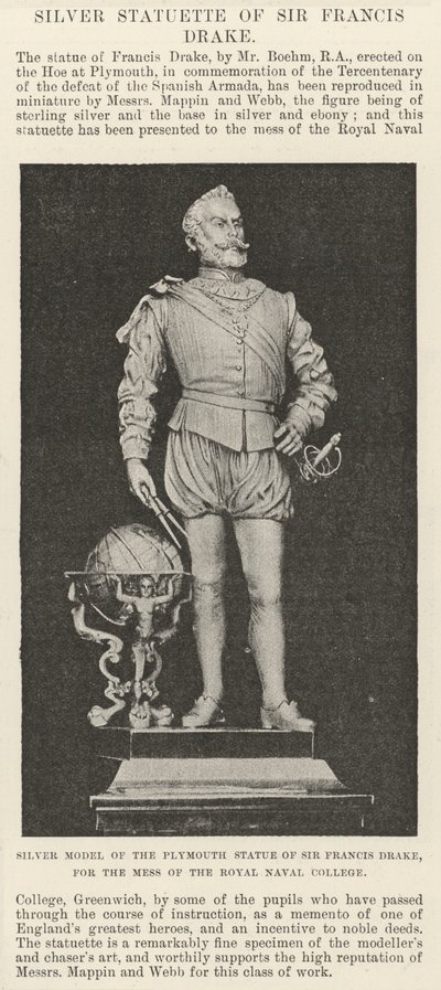 Modelo de Plata de la Estatua de Sir Francis Drake en Plymouth, para el Comedor del Colegio Naval Real de English School