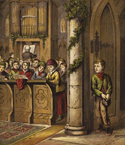 Cantando villancicos en la iglesia, con un niño pobre de pie junto a la puerta de English School