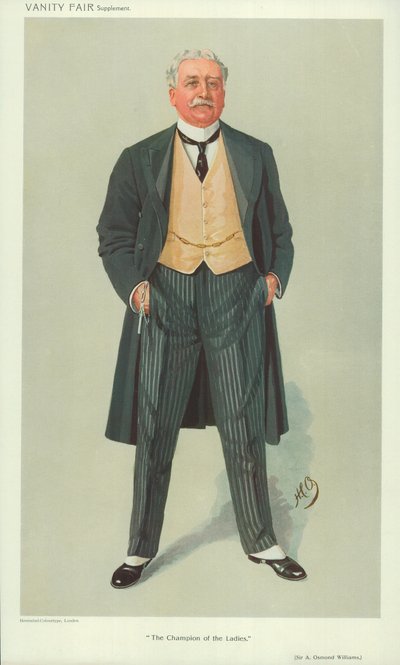 Sir A Osmond Williams, El Campeón de las Damas, 1 de diciembre de 1909, caricatura de Vanity Fair de English School
