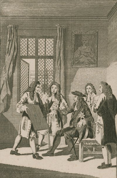 Sir Christopher Wren presentando al Rey Carlos II su plan para reconstruir la Ciudad de Londres de English School