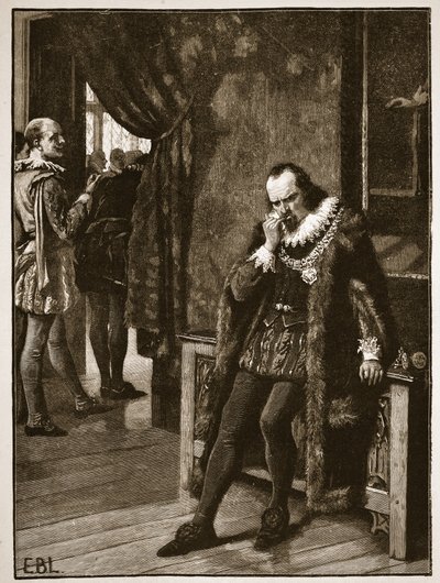 Sir Francis Bacon esperando una audiencia con Buckingham, ilustración de la Historia Ilustrada de Inglaterra de Cassell de English School