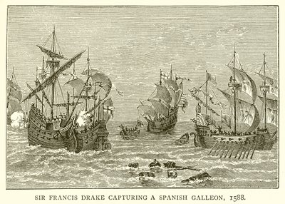 Sir Francis Drake capturando un galeón español, 1588 de English School