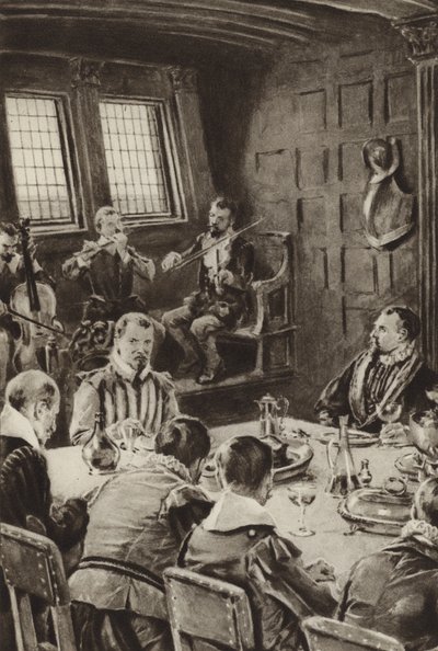 Sir Francis Drake, cenando en el Golden Hind al sonido de violines de English School