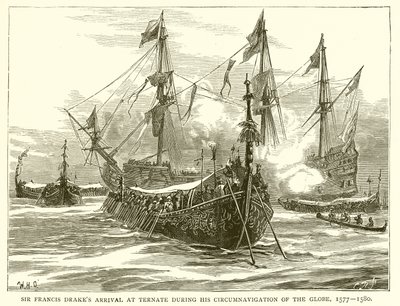 Llegada de Sir Francis Drake a Ternate durante su Circunnavegación del Globo, 1577-1580 de English School