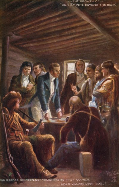 Sir George Simpson estableciendo su primer consejo cerca de Vancouver, 1835 de English School