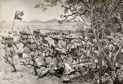 Sir Henry Morton Stanley y sus hombres salen por fin de la selva y llegan a las praderas en 1887, durante la expedición de socorro de Emin Pasha en África. de English School