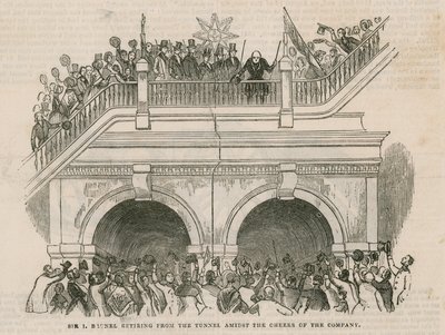 Sir Isambard Brunel retirándose del túnel entre los vítores de la compañía de English School