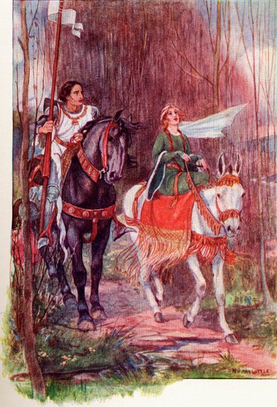 Sir Lancelot y la reina Ginebra. Ilustración coloreada del libro The Gateway to Tennyson publicado en 1910. de English School