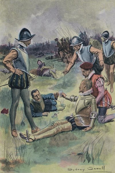 Sir Philip Sidney ofreciendo su agua a otro soldado herido en la Batalla de Zutphen, Países Bajos, 1586 de English School