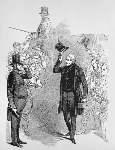 Sir Robert Peel llegando a la Cámara de los Comunes, saludado por un 