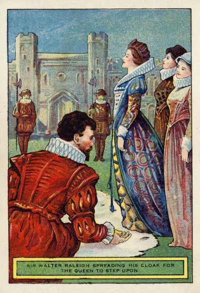 Sir Walter Raleigh extendiendo su capa para que la reina pise de English School