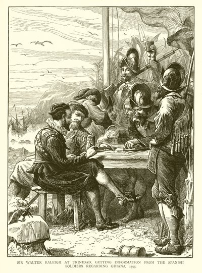 Sir Walter Raleigh en Trinidad, obteniendo información de los soldados españoles sobre Guayana, 1595 de English School