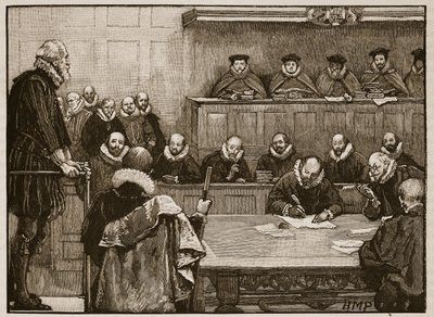 Sir Walter Raleigh ante los jueces, ilustración de la Historia Ilustrada de Inglaterra de Cassell de English School