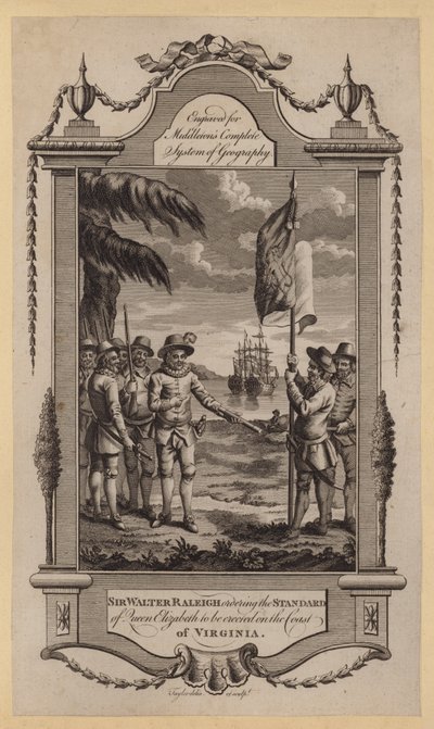 Sir Walter Raleigh ordenando erigir el estandarte de la Reina Isabel en la costa de Virginia de English School