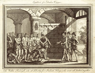 Sir Walter Raleigh libera a cinco reyes indios, que estaban unidos entre sí (grabado) de English School