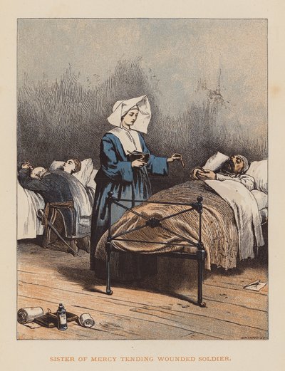 Hermana de la Misericordia atendiendo a un soldado herido (grabado en color) de English School
