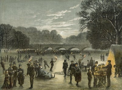 Patinaje en Hyde Park, Londres, c.1850 (xilografía claroscura en negro y tres colores) de English School