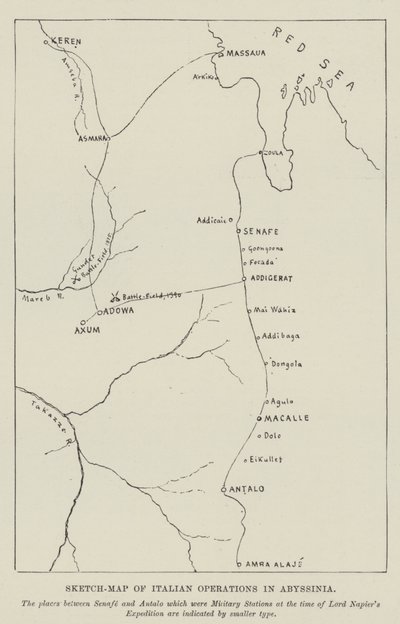 Mapa esquemático de las operaciones italianas en Abisinia (grabado) de English School