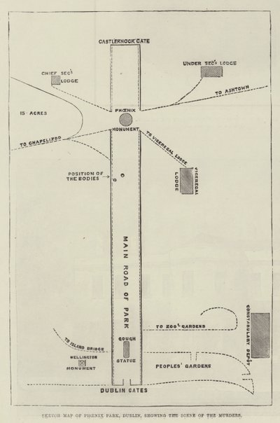 Mapa esquemático de Phoenix Park, Dublín, mostrando la escena de los asesinatos (grabado) de English School