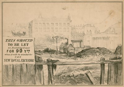 Boceto de los terrenos de la Bolsa Real, Londres, después del incendio de English School