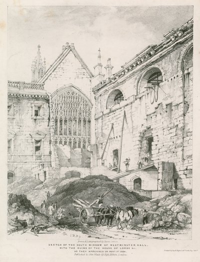 Boceto de la ventana sur del Westminster Hall con las ruinas de la Cámara de los Lores de English School