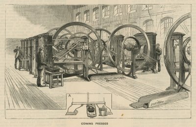 Bocetos en la Royal Mint, Tower Hill; prensas de acuñación de English School