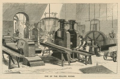Bocetos en la Royal Mint, Tower Hill; una de las salas de laminado de English School