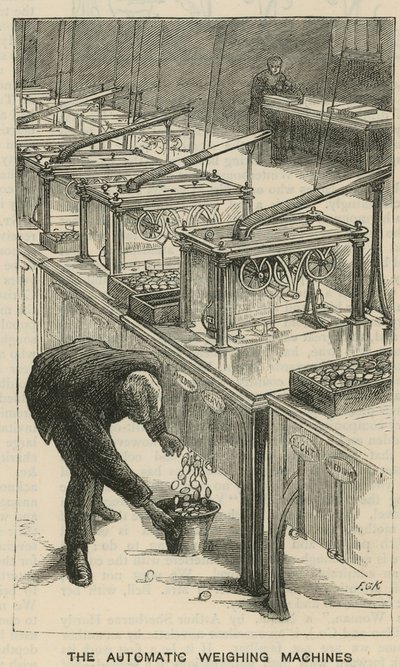 Bocetos en la Real Casa de la Moneda, Tower Hill; las máquinas de pesaje automáticas de English School