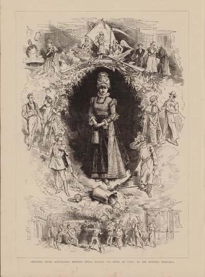 Bocetos de la reposición de la ópera Bouffe "La Boite Au Lait" de Offenbach, en los Bouffes Parisiens (grabado) de English School