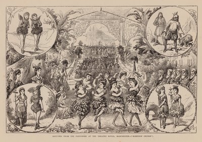 Sketches from the Pantomime at the Theatre Royal, Manchester, Robinson Crusoe (grabado) de English School