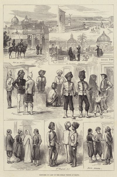 Bocetos en el Campamento de las Tropas Indias en Malta (grabado) de English School