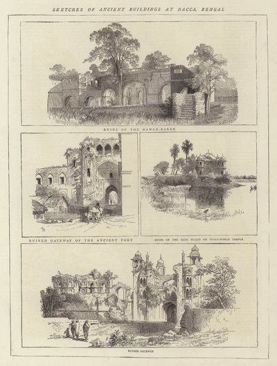 Bocetos de edificios antiguos en Dacca, Bengala (grabado) de English School