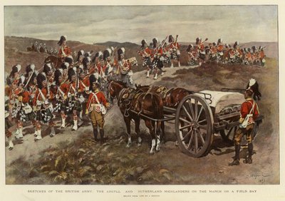 Sketches of the British Army, the Argyll and Sutherland Highlanders on the March on a Field Day (litografía en color) de English School