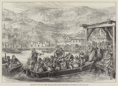 Bocetos de la guerra, refugiados griegos de Kavarna embarcando en Baltschik, en el Mar Negro (grabado) de English School
