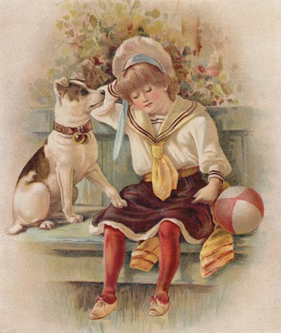 Niña durmiendo y su perro (cromolito) de English School