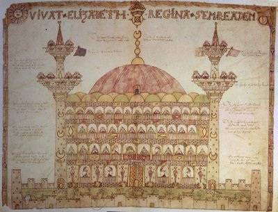 Sloane 5234 fol.91v-92 Representación de Haghia Sophia, Constantinopla, con verso de Thomas Morgan (vitela) de English School
