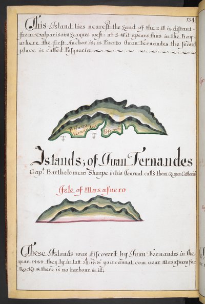 Sloane MS 44, f.269v, Mapa de Juan Fernández en South Sea Waggoner de William Hack de English School